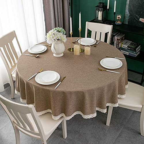 EHouseHome Faux Linen Tablecloth with Lace Trim - Waterproof/Spill Proof/Stain Resistant/Wrinkle Free/Oil Proof - for Banquet, Parties, Dinner,Kitchen,Wedding,Coffee,Holiday,Flax,Round 70Inch - color: Flax, size: 70" (Round)
