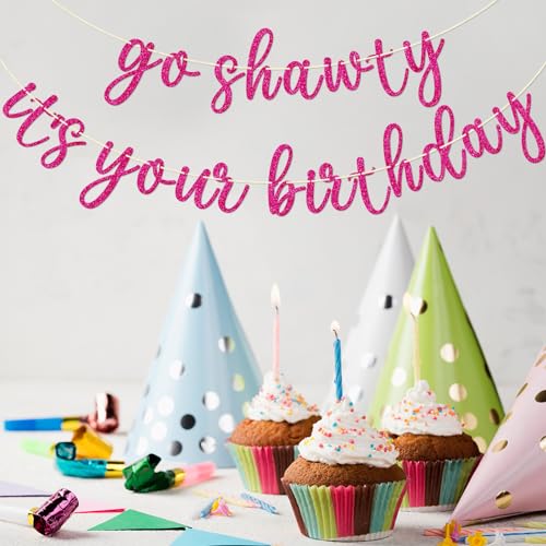Go Shawty It's Your Birthday Banner, Hip Hop Birthday Party Decorations Supplies, Rap Theme Bday Bunting Sign, Pre-strung, Photo Props (Pink) - color: Pink