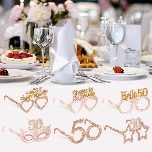 Guiruiy 24PCS 50th Birthday Paper Eyeglasses Decorations for Women, Pink Rose Gold Happy 50th Birthday Eyeglasses Party Supplies, Funny Fifty Year Old Birthday Glasses Photo Props Decor - style: Rose Gold 50th