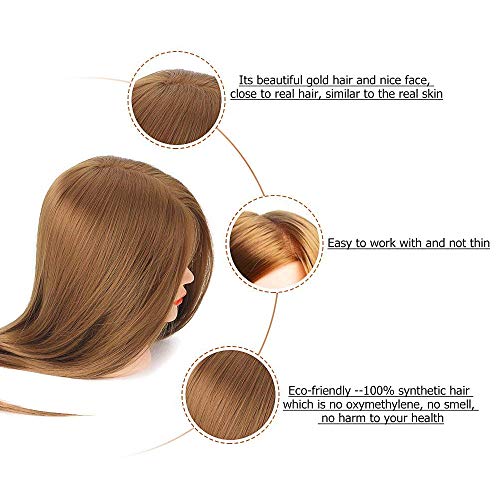 Mannequin Head with Hair, Beauty Star Doll Head for Styling, 20 Inch Long Gold Syntheic Hair Cosmetology Manikin Training Head Model, Hairdressing Practice Head with Clamp Stand and Braiding Kit - color: Gold