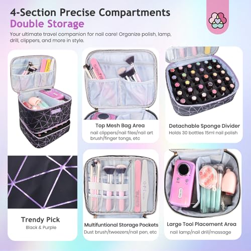 SAVILAND Nail Polish Organizer Bag: PU Leather Nail Kit Organizer Holds 30 Bottles & Nail Lamp, Black Nail Supply Organizer Nail Polish Carrying Case Gel Nail Organizers and Storage Box for Nail Tech - color: Black