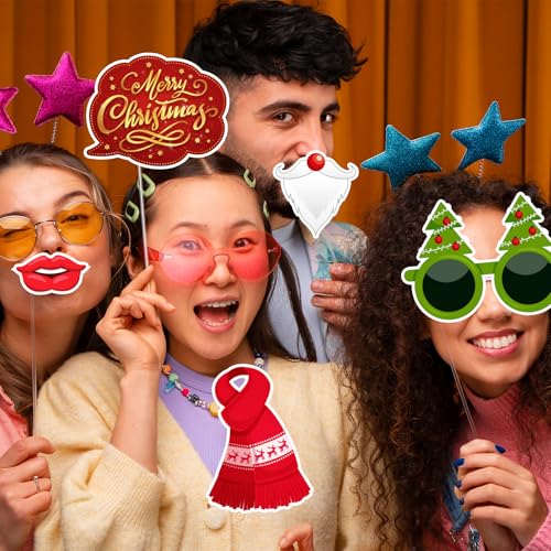 Christmas Photo Booth Props Kit, 24Pcs Fun Photo Props & Selfie Frame for Christmas Photos Decoration, Funny Santa & Gingerbread Photo Props for Xmas Holiday Party Decoration