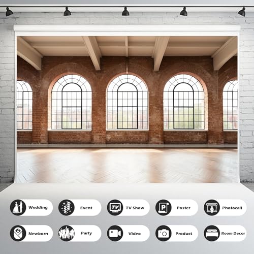 Large Empty Room Backdrop Concrete Walls Wooden Floor with Big Arched Windows Photography Background Empty Loft Style with Brick Wall Photography Decorations Photo Booth Shoot Studio Props 5x3ft - color: Red_Brown, size: 5x3ft