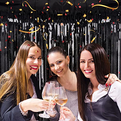 2 Pack 3.2ft x 8.2ft Black Tinsel Foil Fringe Curtain, Sparkle Metallic Foil Backdrop for Party Photo Booth Props New Years Eve Birthday Bridal Shower Bachelorette Holiday Decorations Supplies - color: Laser Black