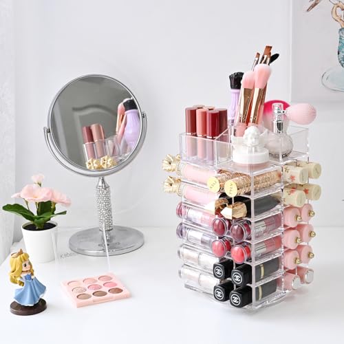Ikee Design Lipstick Organizer with 53 Slots 360 Degree Rotating Spinning Acrylic Lip Gloss Organizer for Makeup, Lipsticks, Brushes, Cosmetic Storage Display, Bathroom, Vanity, Countertop - color: 3) Clear, 53 Slots