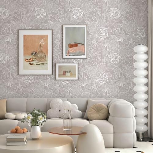 Wudnaye Grey and White Peel and Stick Wallpaper Floral Contact Paper 16.9" x 118.1" Boho Floral Self Adhesive Wallpaper for Bathroom Modern Neutral Removable Wall Paper for Cabinets Vinyl Decorative - color: Light Brown, size: 17" x 118"