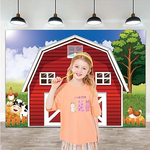 Cartoon Farm Photography Backdrop 7x5ft Animals Rustic Farmhouse Red Barn Photo Background for Kids Birthday Party Decoration Barnyard Baby Shower Newborn Photobooth Banner - size: 7x5 FT