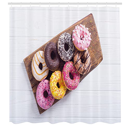 Ambesonne Donut Shower Curtain, Colorful Doughnuts on Wooden Plate Close-up Photography Food Print, Cloth Fabric Bathroom Decor Set with Hooks, 69" W x 75" L, Soft Pink Mustard and Taupe - color: Soft Pink Mustard and Taupe, size: 69" W x 75" L