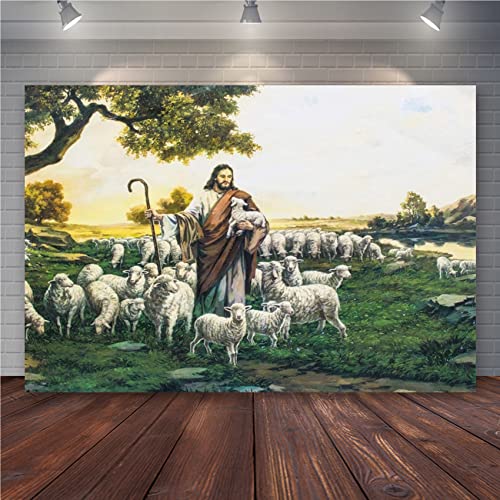 Laeacco Dusk Shepherd Sheep Flock Grassland Fresco Easter Backdrop 7x5ft Jesus Christ Theme Christmas Background Bible Story Church Activities Christian Photo Shoot Studio - size: 7x5ft