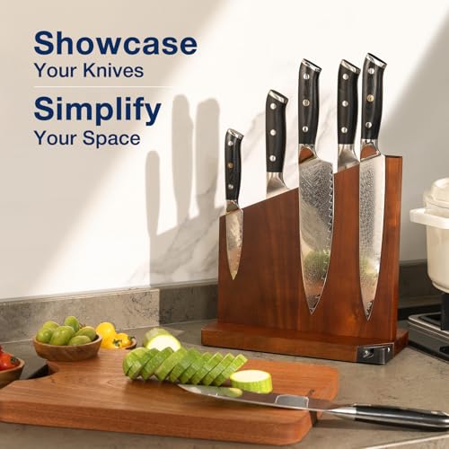 Gourmetop Magnetic Knife Holder with Built-in Sharpener, 100% Acacia Wood Magnetic Knife Block without Knives, Strong Double-Sided Magnetic Knife Holder for Kitchen Countertop Organization, Dark Wood - color: Dark Wood