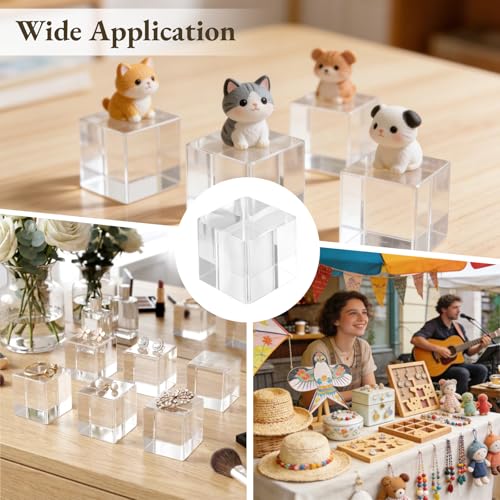 24 Pcs Acrylic Blocks for Display, 1 x 1 x 1 in Clear Square Cube Stands, Transparent Polished Floating Pedestal Holders, for Jewelry, Collectibles, Photography Presentations