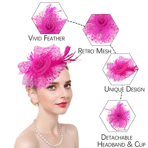 Fascinators Hats with Gloves Set for Women 20s 50s Cocktail Tea Party Wedding Costume Headwear - color: 02 Hot Pink