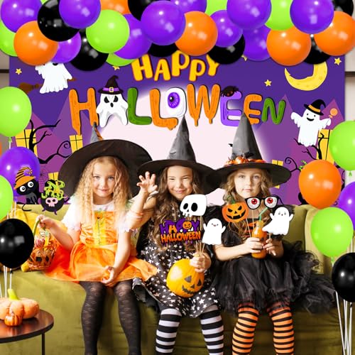Halloween Photo Booth Props for Party Decorations Kit Photo Backdrop 7x5ft Happy Halloween Backdrops Kids Photoshoot Banner Scene Setter
