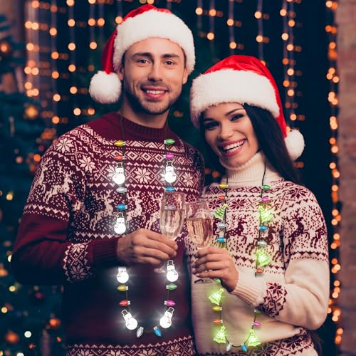 EOBOH Christmas Necklace, 4Pcs Light Up Christmas Necklace, Glowing Bulb Xmas Tree Santa Candy Cane Necklaces, 3 Modes Colorful Xmas Party Favors, Ugly Xmas New Year Eve Party Supplies Accessories