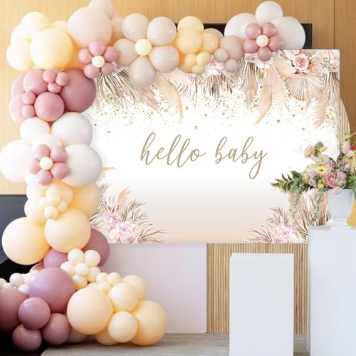 Mocsicka 7x5ft Boho Baby Shower Backdrop Hello Baby Boy Girl Shower Backdrop Decorations Party Banner Pampas Grass Boho Chic Pink Flowers Background Decorations Photo Booth Props - size: 7x5ft