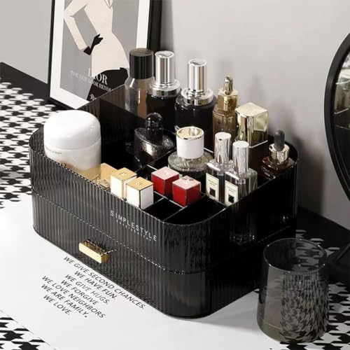 Makeup Organizer with Stackable Drawers, Bathroom Vanity Organizers and Storage, Ideal for Desk and Dresser Countertops, Great for Cosmetics, skincare, Lipsticks, Nail Care -Black - color: Clear Black, size: Tray and Drawer