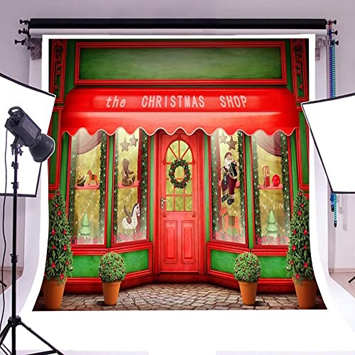 AOFOTO 8x8ft Red Christmas Shop Backdrop Front Door of Xmas Display Window Santa's Toy Store Photography Background Holiday New Year Party Banner Kids Baby Child Adult Portrait Photo Studio Props - size: 8x8ft