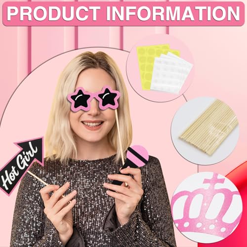Hot Pink Glitter Photo Booth Props 31 Count, for Birthday Wedding Bachelorette Single Parties, Rose Golden Cute Funny Designs Birthday Decoration for Women Girls Bday Party Supplies