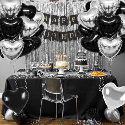 TONIFUL 30Pcs 18 Inch Black Silver Balloons Black Silver Heart Shape Foil Mylar Banners Decoration for Birthday Valentine's Day Wedding Bridal Shower Anniversary Engagement Party Supplies - color: Black Silver