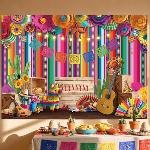 Mexican Fiesta Photography Backdrop 7x5FT 3D Paper Flower Colorful Striped Cinco De Mayo Banner Background Mexican Theme Party Decorations Supplies for Home Party - size: 7x5ft