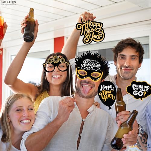 KatchOn, New Years Photo Booth Props 2026 - Pack of 30 | Black and Gold New Years Eve Photo Booth Props for Happy New Years Decorations 2026 | New Years Eve Party Supplies 2026 | NYE Decorations - color: Hair Mask and Beard