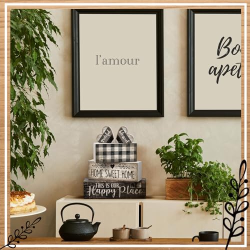 Moucuny 4 Pcs Farmhouse Kitchen Decor Black and White Farmhouse Tiered Tray Decor Home Sweet Home Centerpiece Wooden Heart Rustic Valentines Day Block Sign for Kitchen Shelf Valentines Gift Decoration - style: Black and White Heart