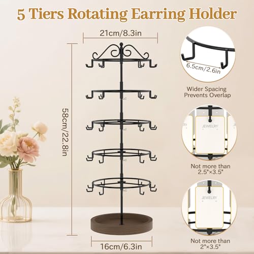 MODOWEY Earring Holder Organizer Rotating Display Tree Rack, 50 Hooks Earring Card Holder Stand with Wooden Base, 5 Tier Adjustable Metal Storage Tower, Display & Sell More for Women Vendors, Black - color: Black Brown