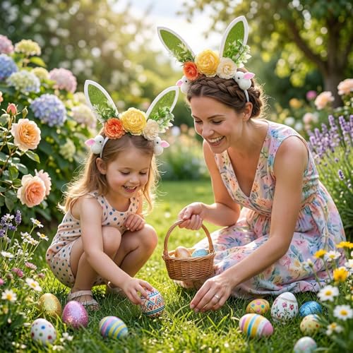Easter Bunny Ear Headband with Floral Decorations, Glitter Rabbit Ears Hair Hoop for Women and Girls, Spring Party Hair Accessories for Photo Props,Cosplay - color: Green