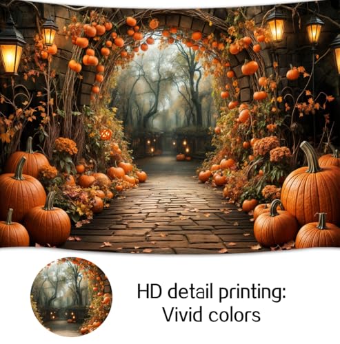 5 x 3 ft Autumn Backdrops Fall Stone Arch Leaves Pumpkin Leaf Path Scenery Photography Background Thanksgiving Yellow Flowers Seasonal Party Photo Studio Props - color: Yellow, size: 5x3ft