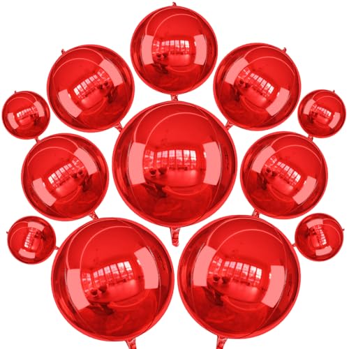 HILAVO 12PCS Red Round Foil Balloons, 22" 15" 10" Large 4D Ball Balloons Metallic Red Mirror Sphere Balloon for Graduation Christmas Valentines Day Wedding Birthday Party Ceiling Decorations - color: Red Ball