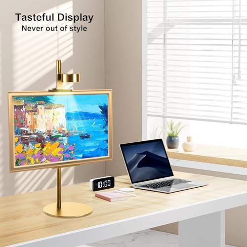 Adjustable Desktop Photo Frame Stand with Magnetic Wall Painting Light, Holds Picture Frames up to 18 Inch,with Rechargeable Battery,Metal Vertical Stand with 3 Color Temperature & 13RGB Poster Lights, for Displaying Picture Frames, Artworks (1 Pack, Gold