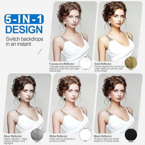 Wellmaking 43Inch/110cm Photography Light Reflector, Portable Foldable 5 in 1 Diffuser Reflectors with Bag & tilt Adapter for Studio & Outdoor Lighting-Translucent, Silver, Gold, White and Black - color: 5-in-1 (Translucent, Silver, Gold, White, Black), s
