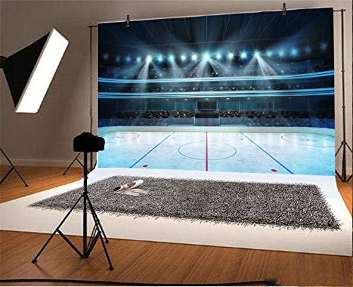 Laeacco 7x5ft Hockey Stadium Backdrop Vinyl Photography Background Ice Rink Stage Lights Shiny Haloes Stadium Spotlight School Sports Meeting Event Activity Children Adult Portrait Shoot Studio - size: 7x5ft