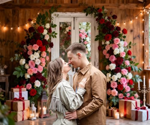 10x10ft Valentines Photo Backdrop Glitter Rustic White Wooden Door Roses Flower Valentine Backdrops for Photography Galentines Valentine's Day Decorations for Party Photo Props Background - color: Pink, size: 10x10ft