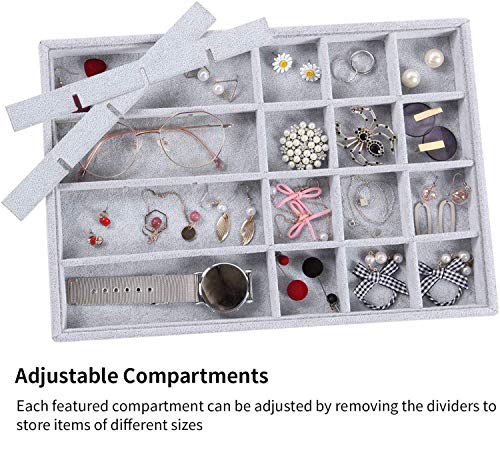 Gray Velvet Stackable 24 Grid Jewelry Tray Showcase Display Organizer Holder Dividers for Teen Gemstone,Pendant,Key, Marble Accessory Storage Box Case Adjustable Dish for Decorate Woman Vanity Table - color: Grey 24 Grid