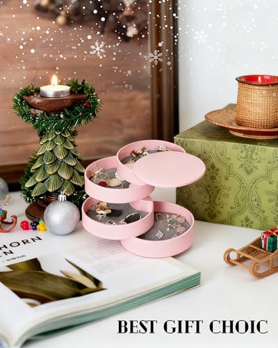 CONBOLA Jewelry Organizer, Small Jewelry Storage Box Earring Holder for Women, 4-Layer Rotating Travel Jewelry Tray Case with Lid for Bracelets Rings Bracelets, Gift for Women Teen Girls - color: Pink
