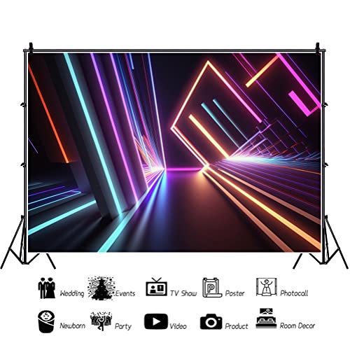 3D Neon Backdrop 7x5ft Fabric Neon Glow Birthday Party Decoration 80s Theme Dance Party Backdrops Abstract Corridor Background Music Video Stage Photography - size: 7x5ft