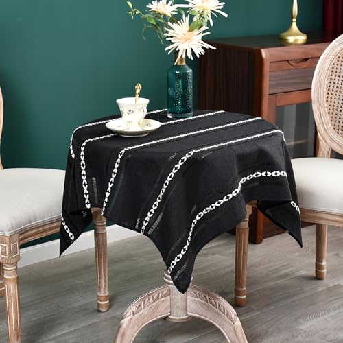 NEWISHER Rustic Farmhouse Embroidered Square Tablecloth Jacquard Striped Table Cloth Linen Texture Washable Dining Table Cover Kitchen Dining Home Decoration Black 36x36 inch - color: Black, size: 36" x 36" (Square)