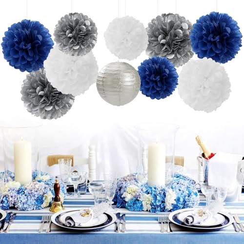 Navy-Blue Silver Party-Decorations Paper-Flowers Lanterns - 15PCS Birthday Royal White Wedding Tissue Pom Poms Streamers,Baby Bridal Shower Bachelorette Graduation Hanging Supplies Decor Hugfond - color: Blue White Silver