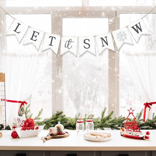Let It Snow Banner Garland, No DIY Wooden Christmas Banner for Mantle Fireplace Wall, Rustic Let It Snow Christmas Decorations for Home, Winter Wonderland Party Decorations