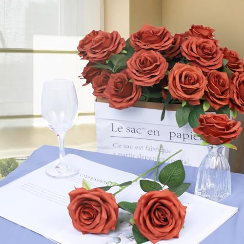 LVEFIT Artificial Rose Flowers Burnt Orange Rose Flowers Silk Flowers 30 pcs with Long Stem Silk Roses Bouquet for Wedding Bridal Shower Party Home Decoration - color: Burnt Orange, size: 30pcs