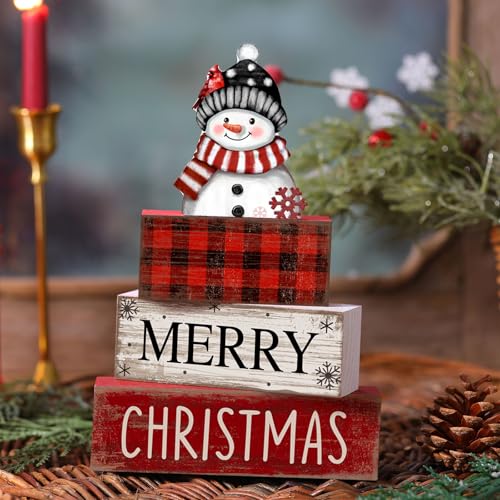 Lineshading 4 Pcs Winter Table Decoration Wooden Snowman Christmas Tiered Tray Decor Red Buffalo Plaid Block Signs Snowman Table Centerpiece Farmhouse Winter Decoration for Home Kitchen Shelf - style: Christmas Snowman