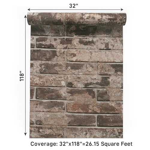 VaryPaper 32''x118'' Retro Brown Brick Wallpaper Peel and Stick Textured Brick Contact Paper for Walls Removable Wall Paper Roll Self Adhesive Stone Vinyl Wallpaper for Bedroom Kitchen Fireplace - color: Brown Brick, size: 32" x 118"