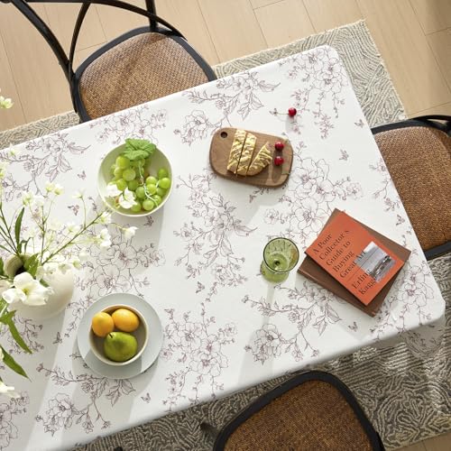 French Linen Rectangle Tablecloth Floral Table Cloth with Brown Flowers Pattern Burlap Textured Farmhouse Vintage Rustic Outdoor Table Cover for Picnic,Dining,Party,Home Decor 55x84 Inch - color: Brown on Cream, size: 84" x 55" (Rectangular)