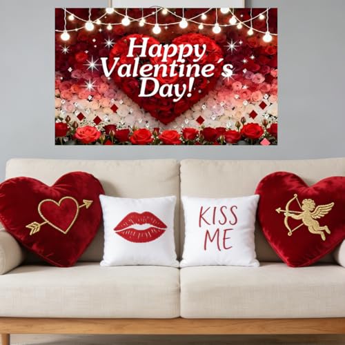 Large Happy Valentines Day Decorations Fabric Banner for Valentines Party Photo Props Sign, Wedding Anniversary Party Celebrations Indoor Outdoor