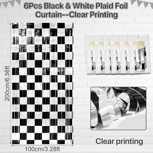 6 Pack 3.3Ft x 6.6Ft Race Car Checkered Foil Fringe Curtain Backdrop Decorations, Black White Metallic Tinsel Foil Streamers Curtain Photo Booth for Race Car One Happy Dude Birthday Party Decorations - color: Black and White