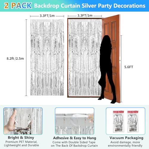 2 Pack Foil Curtain Backdrop Curtains Silver Tinsel Door Streamers Birthday Party Decorations Photo Booth Props for Disco Party Graduation Wedding Baby Shower Bachelorette Christmas Gender Reveal - color: Silver