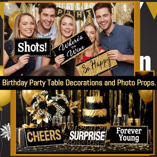 Beeveer 24 Designs Birthday Photo Booth Props Double Sided 11x5.5 Inch Happy Birthday Photo Booth Props 40th 50th 60th Funny Holiday Graduation Wedding Party Favors Supplies DIY Waterproof Selfie Sign - color: Black Gold, style: Birthday