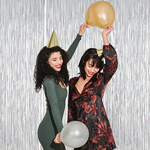 Voircoloria 3 Pack 3.3x8.2 Feet Laser Silver Foil Fringe Backdrop Curtains, Tinsel Streamers Birthday Party Decorations, Fringe Backdrop for Graduation, Baby Shower, Gender Reveal, Disco Party - color: 08 Laser Silver