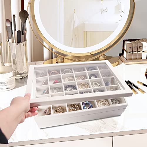 Coward Stackable Jewelry Trays Organizer Set with Clear Lid, Trays for Drawer, Earring Necklace Bracelet Ring Display Organizer (beige(ring+12girds+30girds+The glass lid)) - color: Beige Velvet, size: Ring+12Grids+30Grids+Lid